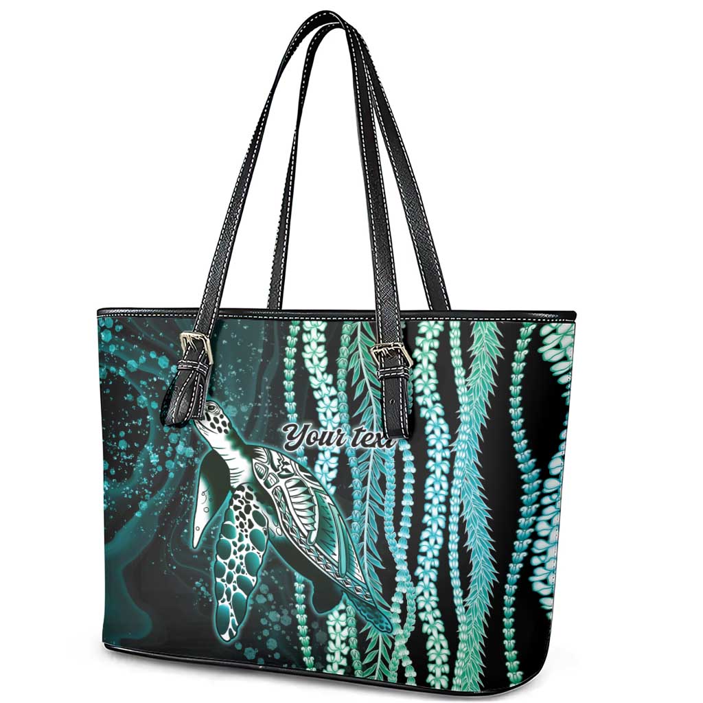 Hawaiian Honu Personalized Leather Tote Bag Dark Cyan Maile Pikake Flower Lei Inspired LT9 - Polynesian Pride