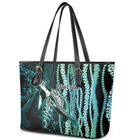 Hawaiian Honu Personalized Leather Tote Bag Dark Cyan Maile Pikake Flower Lei Inspired LT9 - Polynesian Pride