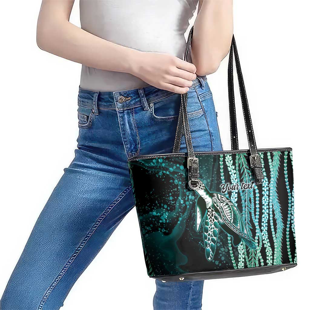 Hawaiian Honu Personalized Leather Tote Bag Dark Cyan Maile Pikake Flower Lei Inspired LT9 - Polynesian Pride