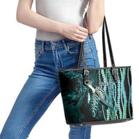 Hawaiian Honu Personalized Leather Tote Bag Dark Cyan Maile Pikake Flower Lei Inspired LT9 - Polynesian Pride