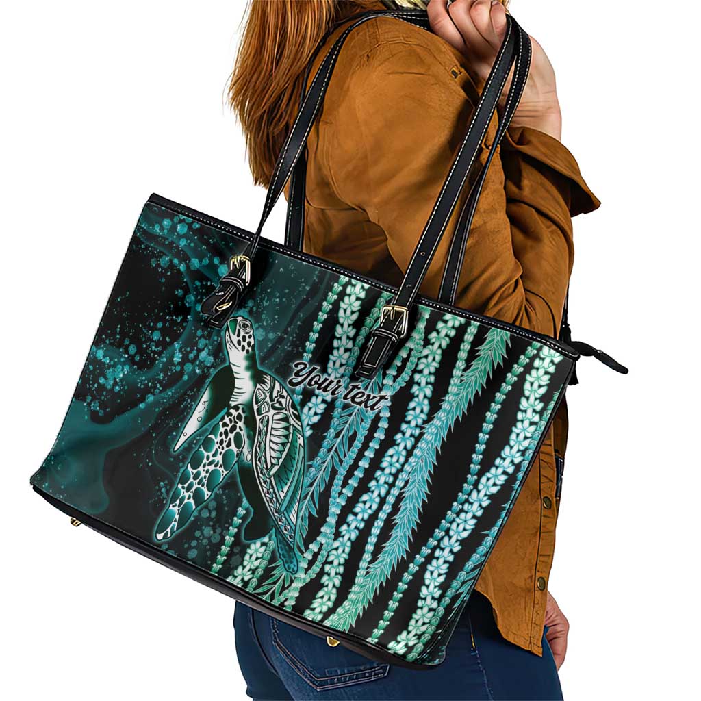 Hawaiian Honu Personalized Leather Tote Bag Dark Cyan Maile Pikake Flower Lei Inspired LT9 - Polynesian Pride