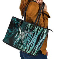 Hawaiian Honu Personalized Leather Tote Bag Dark Cyan Maile Pikake Flower Lei Inspired LT9 - Polynesian Pride
