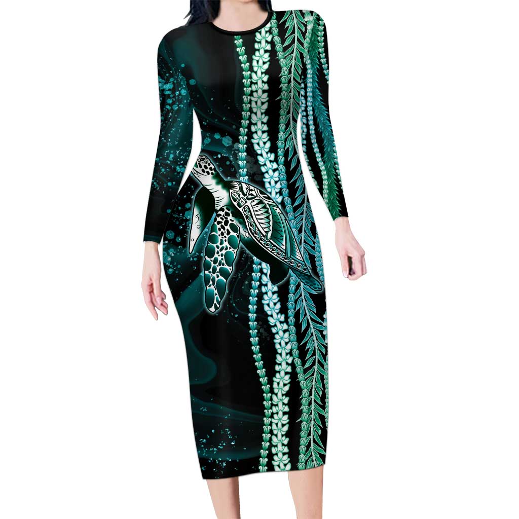 Hawaiian Honu Personalized Long Sleeve Bodycon Dress Dark Cyan Maile Pikake Flower Lei Inspired LT9 Long Dress Cyan - Polynesian Pride