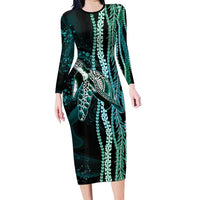 Hawaiian Honu Personalized Long Sleeve Bodycon Dress Dark Cyan Maile Pikake Flower Lei Inspired LT9 Long Dress Cyan - Polynesian Pride