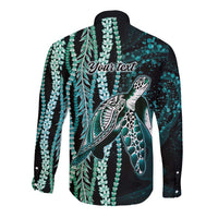 Hawaiian Honu Personalized Long Sleeve Button Shirt Dark Cyan Maile Pikake Flower Lei Inspired LT9 - Polynesian Pride