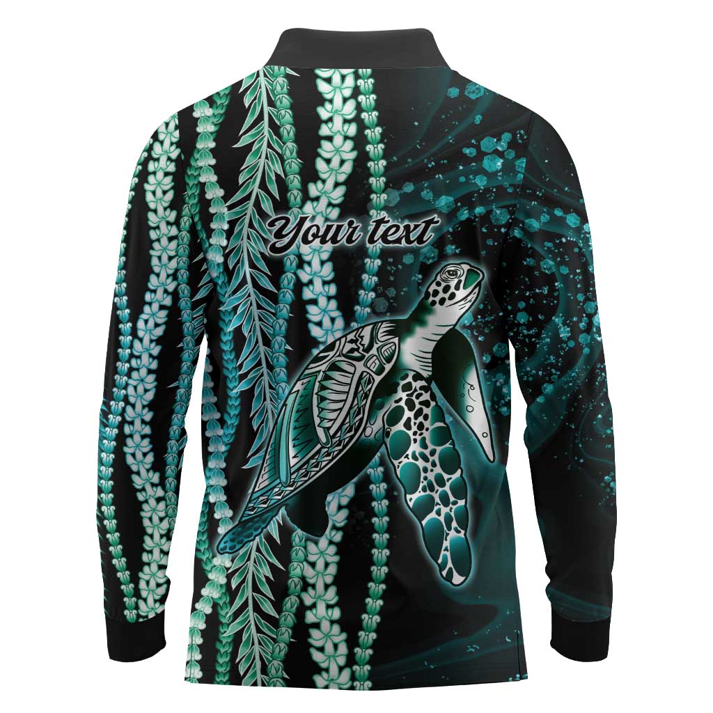 Hawaiian Honu Personalized Long Sleeve Polo Shirt Dark Cyan Maile Pikake Flower Lei Inspired LT9 - Polynesian Pride