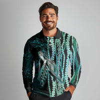 Hawaiian Honu Personalized Long Sleeve Polo Shirt Dark Cyan Maile Pikake Flower Lei Inspired LT9 - Polynesian Pride