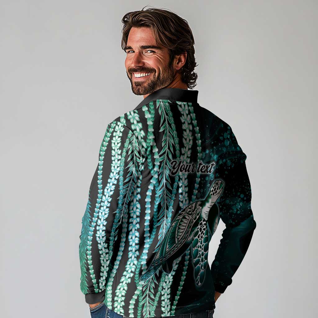 Hawaiian Honu Personalized Long Sleeve Polo Shirt Dark Cyan Maile Pikake Flower Lei Inspired LT9 - Polynesian Pride