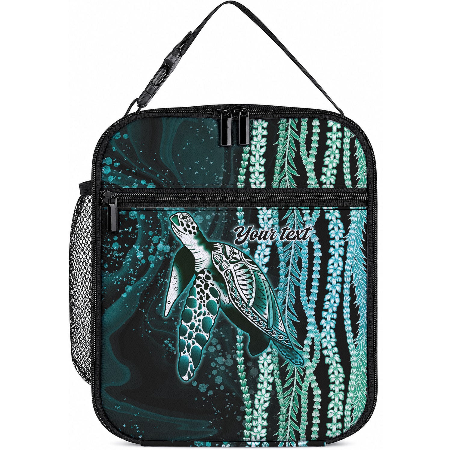 Hawaiian Honu Personalized Lunch Bag Dark Cyan Maile Pikake Flower Lei Inspired LT9 10.2 × 8.3 × 4.3 inch Blue - Polynesian Pride