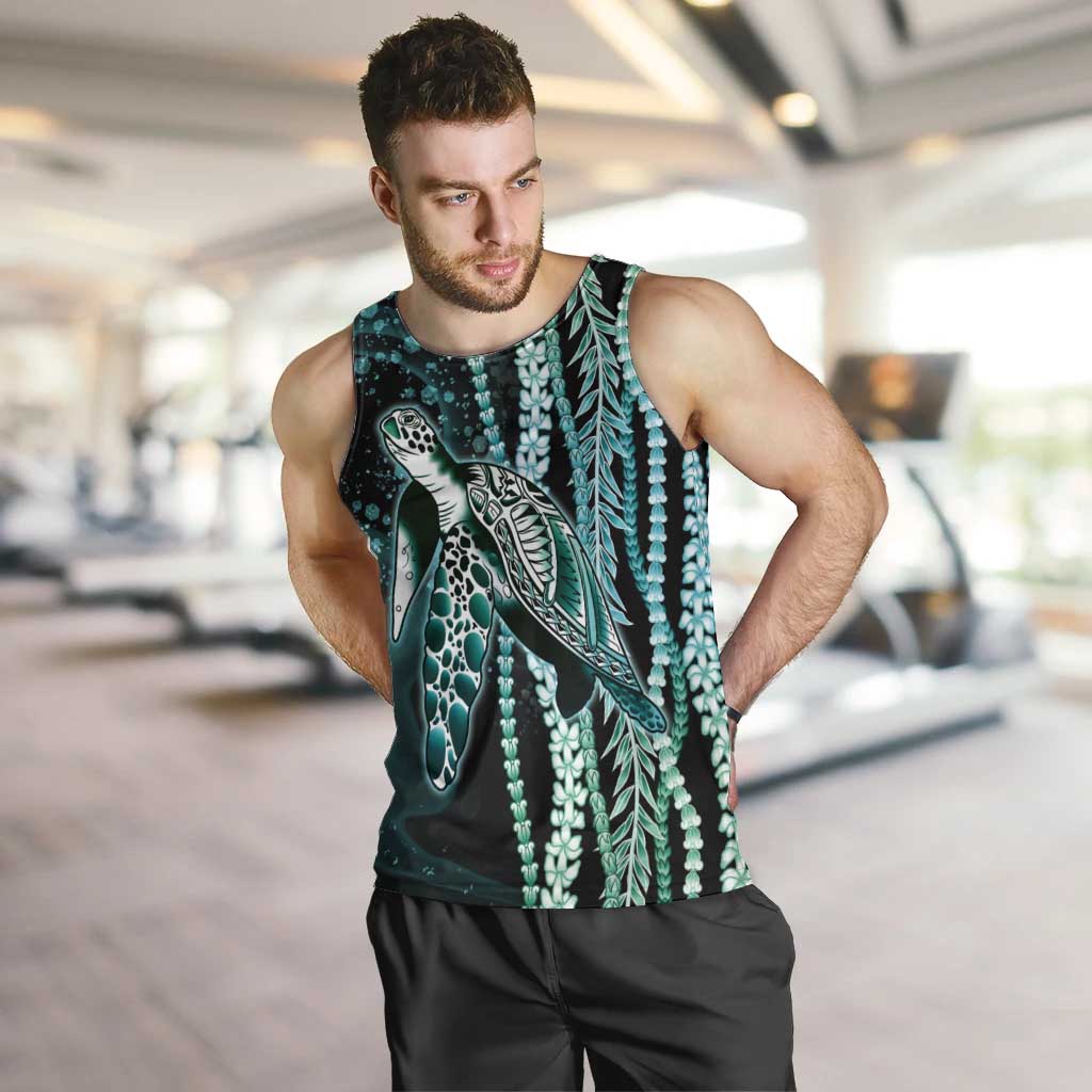 Hawaiian Honu Personalized Men Tank Top Dark Cyan Maile Pikake Flower Lei Inspired LT9 Cyan - Polynesian Pride