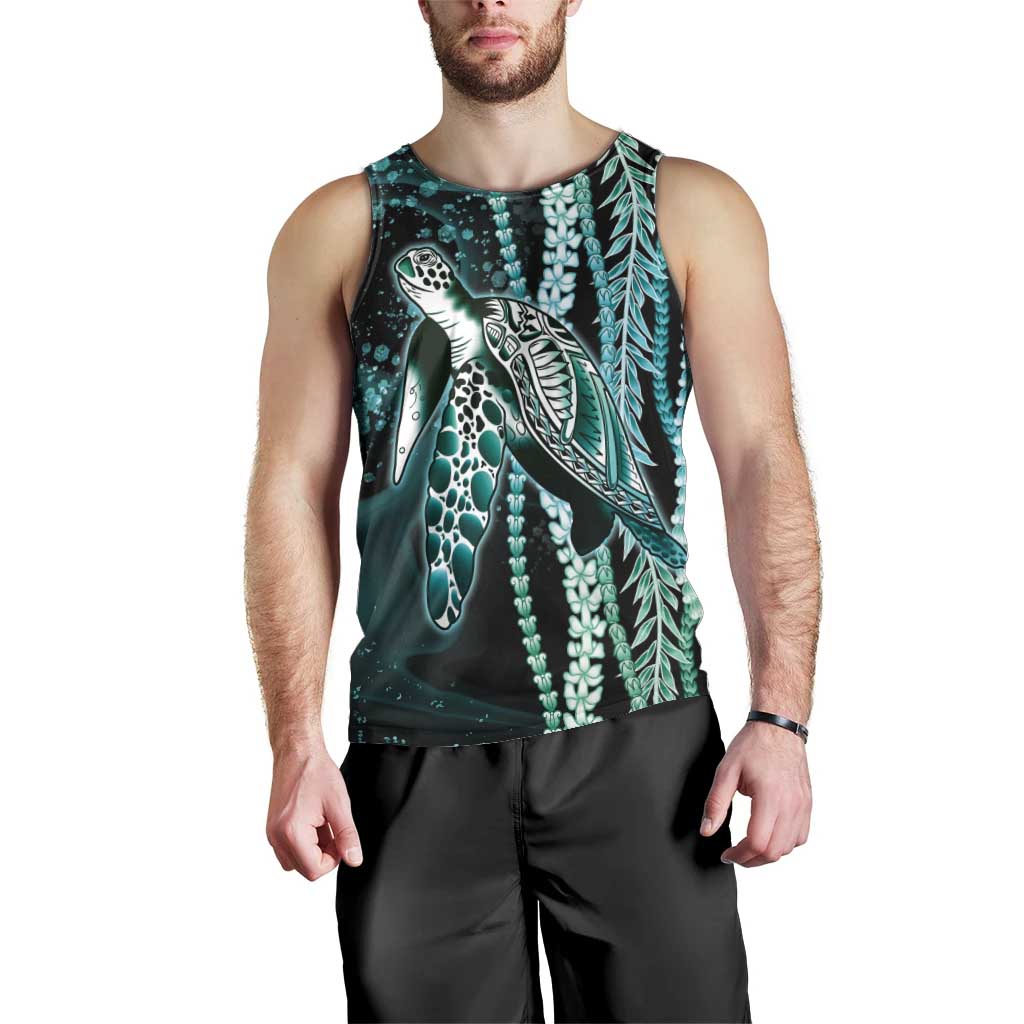 Hawaiian Honu Personalized Men Tank Top Dark Cyan Maile Pikake Flower Lei Inspired LT9 - Polynesian Pride