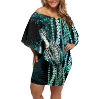 Hawaiian Honu Personalized Off Shoulder Short Dress Dark Cyan Maile Pikake Flower Lei Inspired
