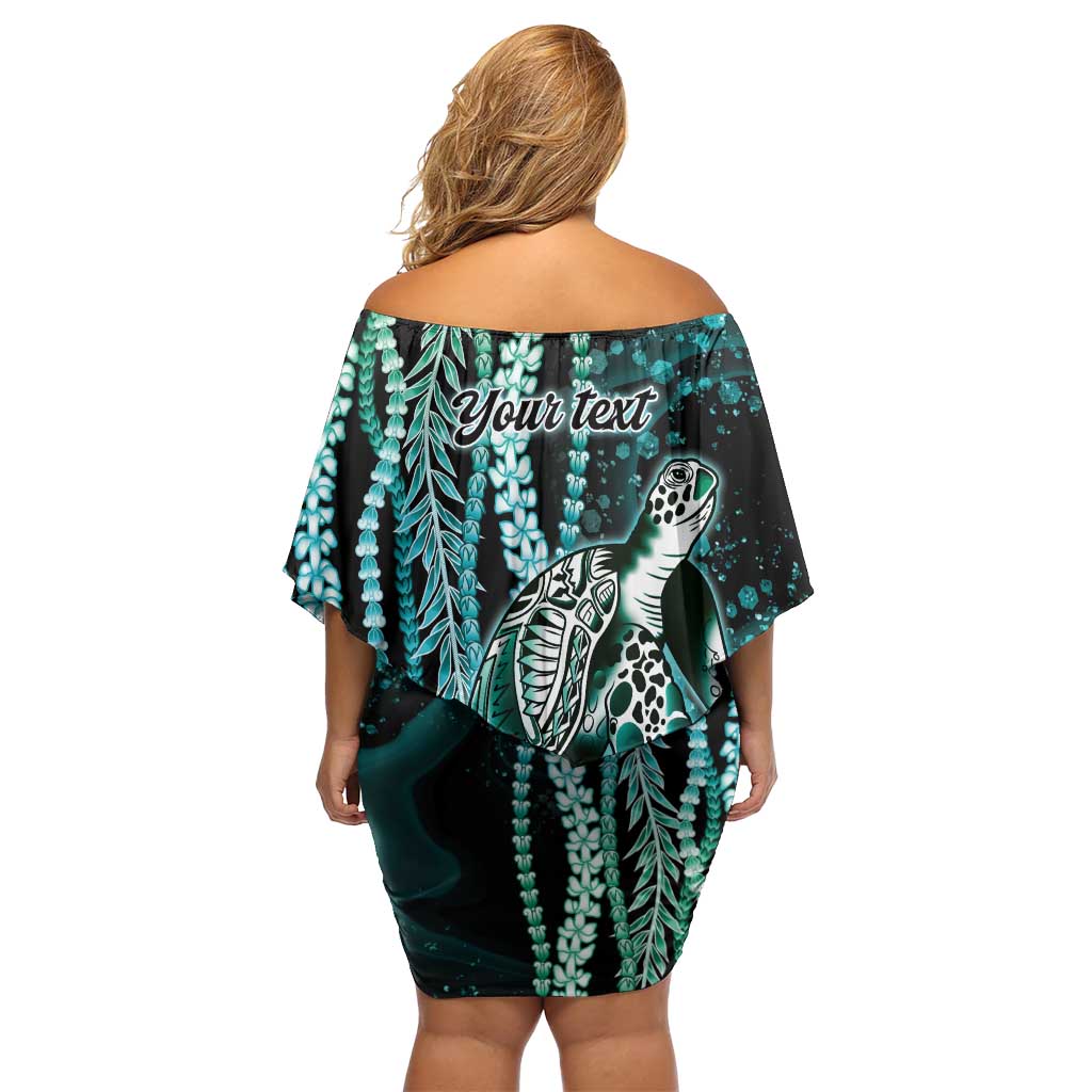 Hawaiian Honu Personalized Off Shoulder Short Dress Dark Cyan Maile Pikake Flower Lei Inspired
