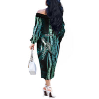 Hawaiian Honu Personalized Off The Shoulder Long Sleeve Dress Dark Cyan Maile Pikake Flower Lei Inspired