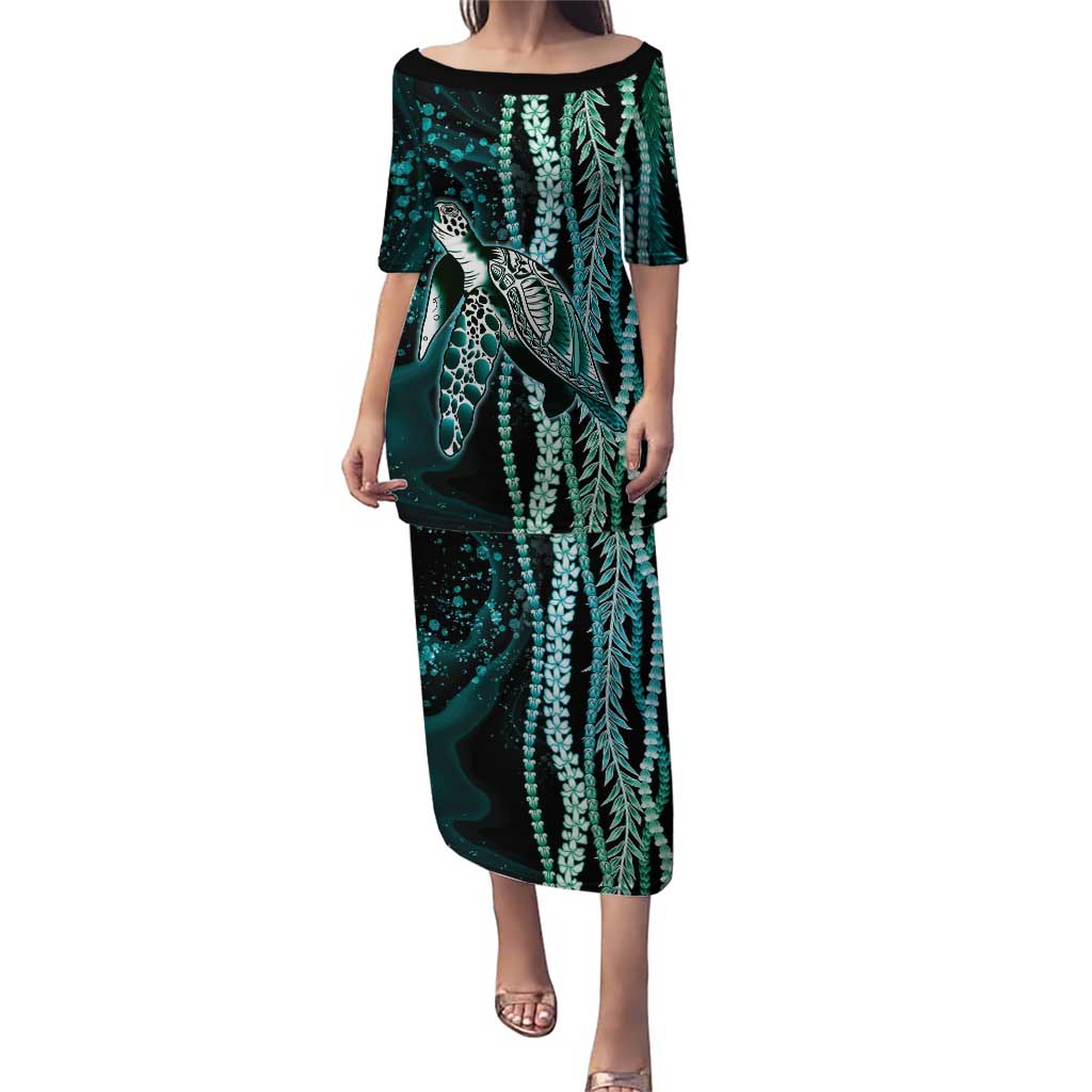 Hawaiian Honu Personalized Puletasi Dark Cyan Maile Pikake Flower Lei Inspired LT9 Long Dress Cyan - Polynesian Pride