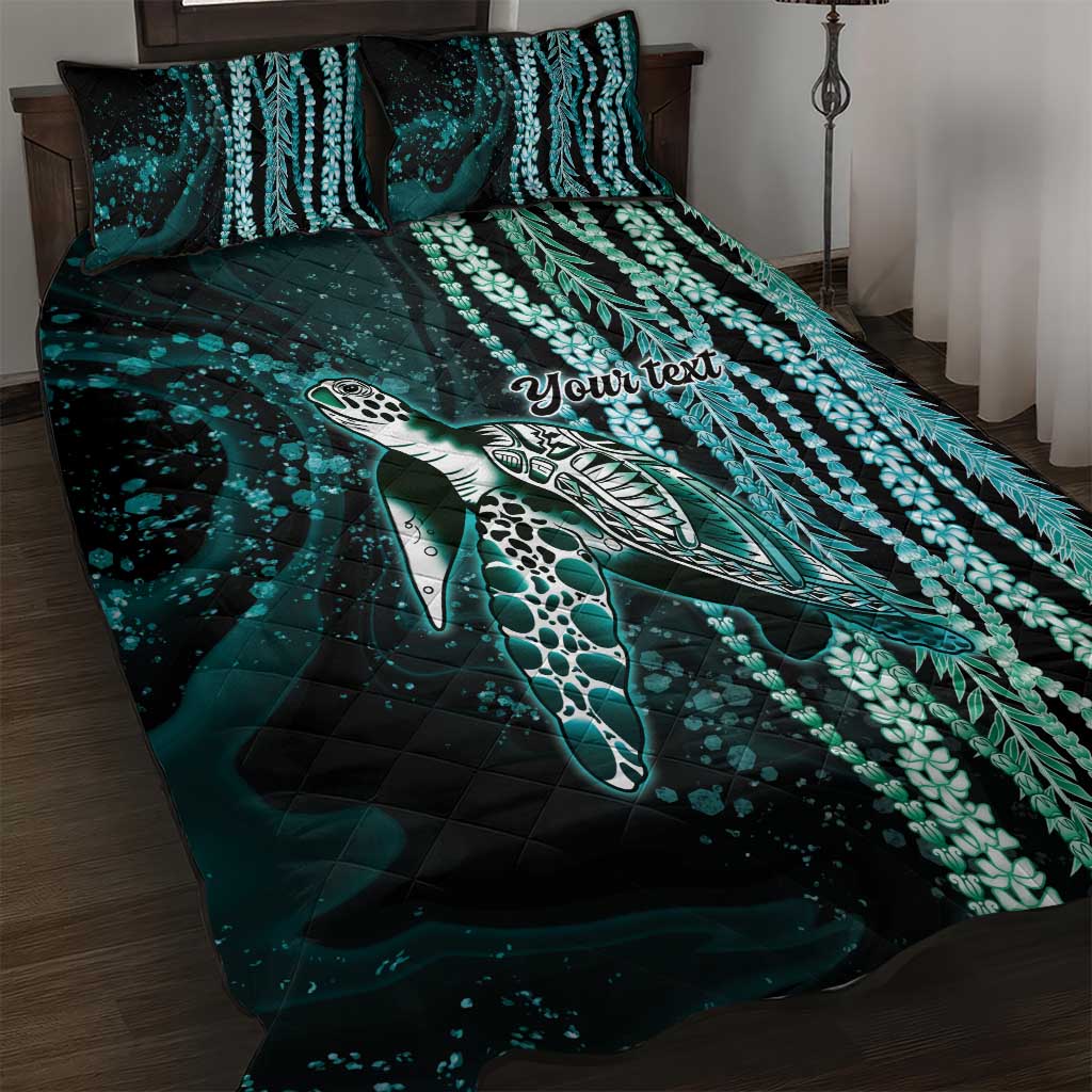 Hawaiian Honu Personalized Quilt Bed Set Dark Cyan Maile Pikake Flower Lei Inspired LT9 Cyan - Polynesian Pride