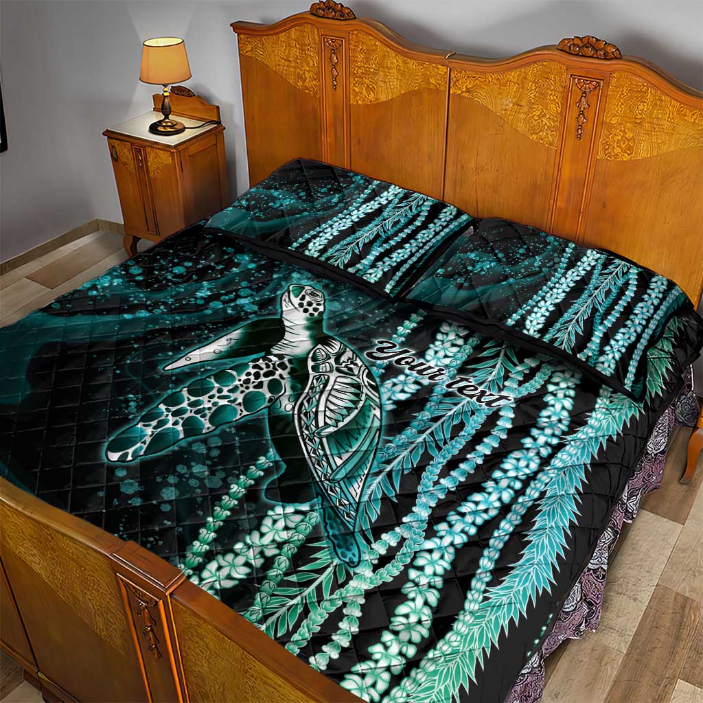 Hawaiian Honu Personalized Quilt Bed Set Dark Cyan Maile Pikake Flower Lei Inspired LT9 - Polynesian Pride
