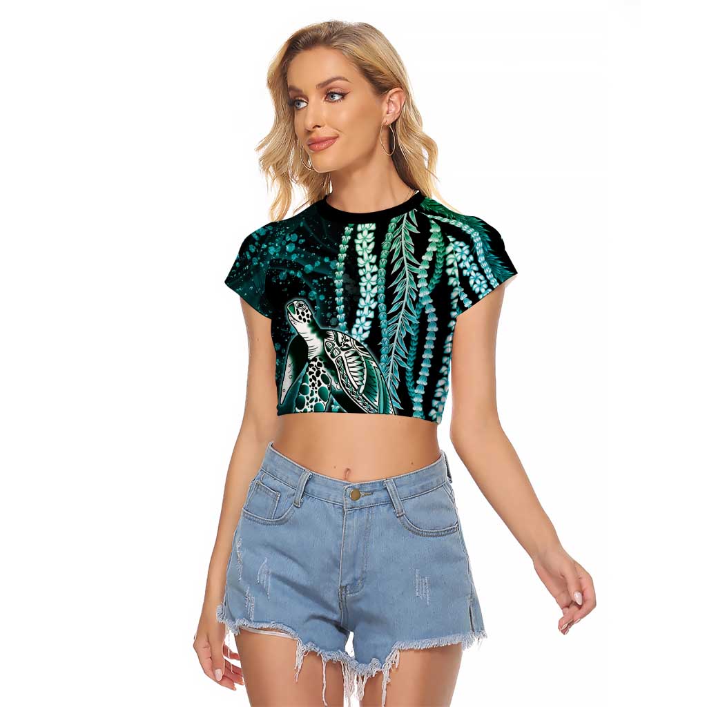 Hawaiian Honu Personalized Raglan Cropped T Shirt Dark Cyan Maile Pikake Flower Lei Inspired LT9 Female Cyan - Polynesian Pride
