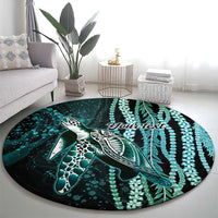 Hawaiian Honu Personalized Round Carpet Dark Cyan Maile Pikake Flower Lei Inspired LT9 - Polynesian Pride