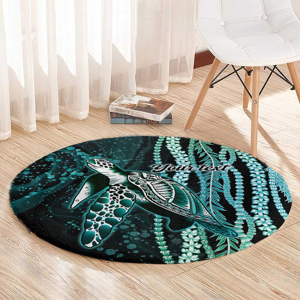 Hawaiian Honu Personalized Round Carpet Dark Cyan Maile Pikake Flower Lei Inspired LT9 - Polynesian Pride