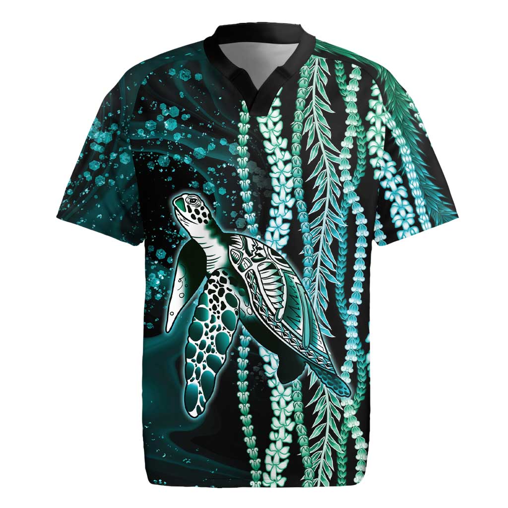 Hawaiian Honu Personalized Rugby Jersey Dark Cyan Maile Pikake Flower Lei Inspired