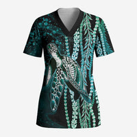 Hawaiian Honu Personalized Scrub Top Dark Cyan Maile Pikake Flower Lei Inspired LT9 Adult Cyan - Polynesian Pride