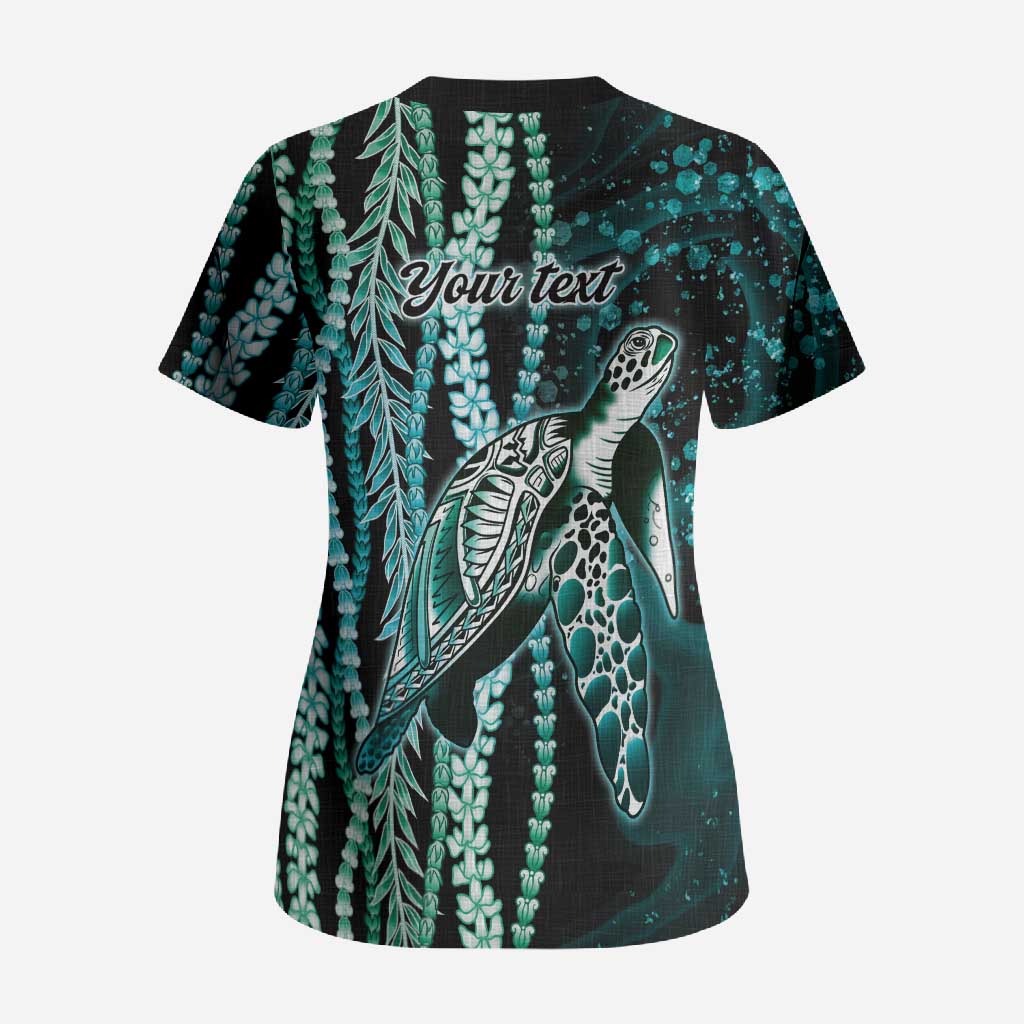 Hawaiian Honu Personalized Scrub Top Dark Cyan Maile Pikake Flower Lei Inspired LT9 - Polynesian Pride