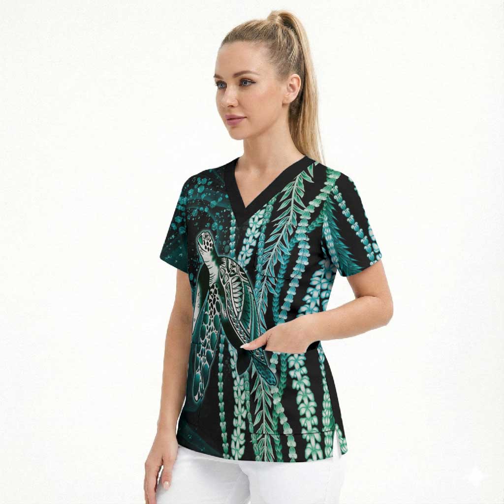 Hawaiian Honu Personalized Scrub Top Dark Cyan Maile Pikake Flower Lei Inspired LT9 - Polynesian Pride
