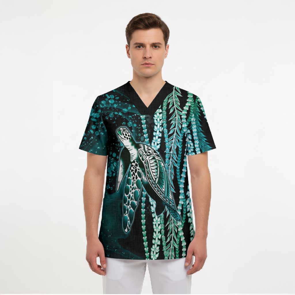 Hawaiian Honu Personalized Scrub Top Dark Cyan Maile Pikake Flower Lei Inspired LT9 - Polynesian Pride