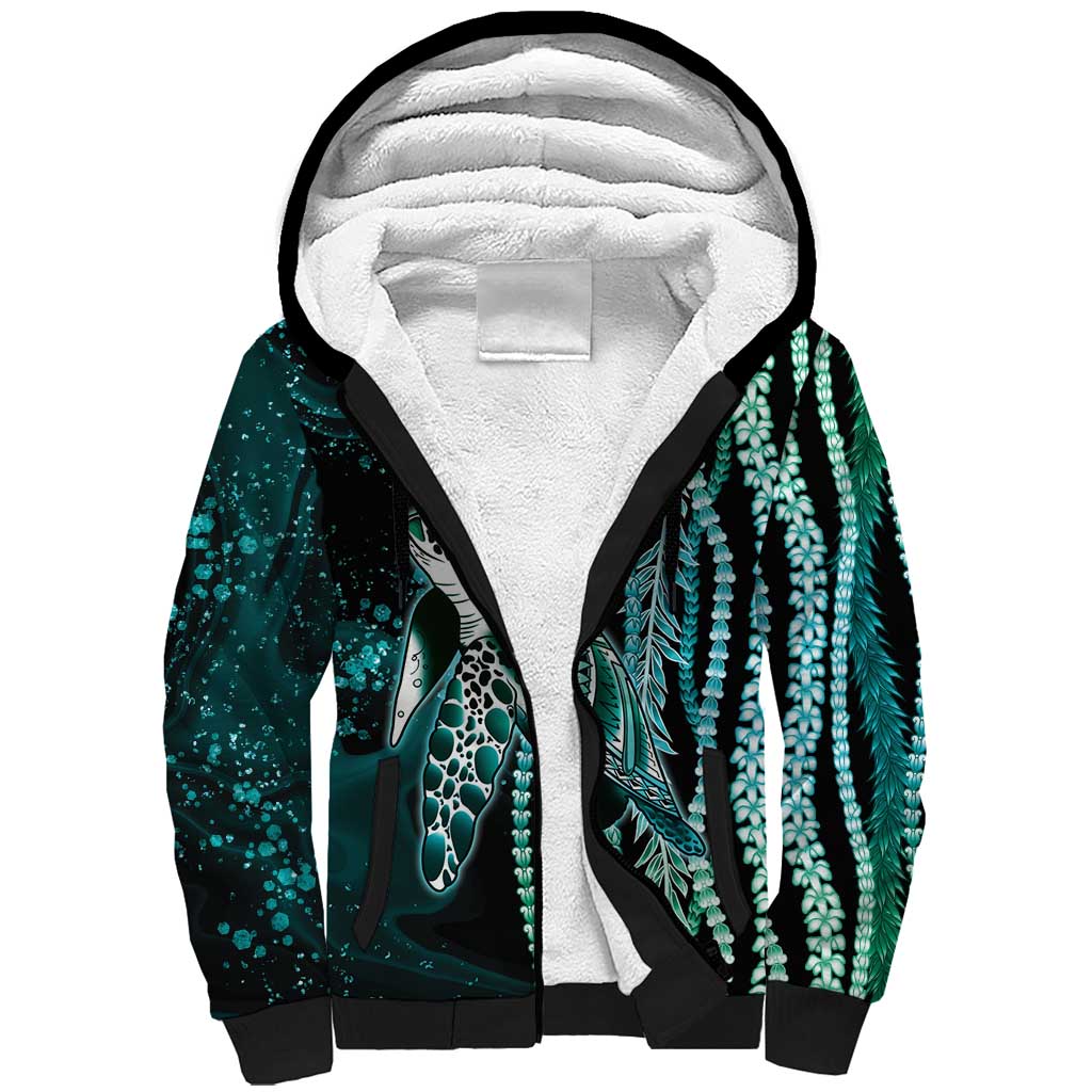 Hawaiian Honu Personalized Sherpa Hoodie Dark Cyan Maile Pikake Flower Lei Inspired LT9 Unisex Cyan - Polynesian Pride