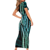 Hawaiian Honu Personalized Short Sleeve Bodycon Dress Dark Cyan Maile Pikake Flower Lei Inspired