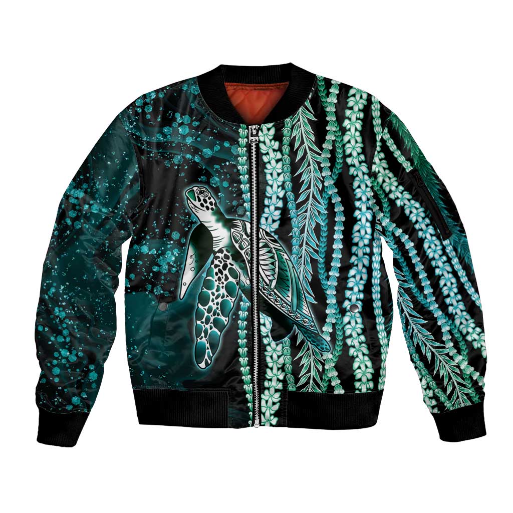 Hawaiian Honu Personalized Sleeve Zip Bomber Jacket Dark Cyan Maile Pikake Flower Lei Inspired LT9 Unisex Cyan - Polynesian Pride
