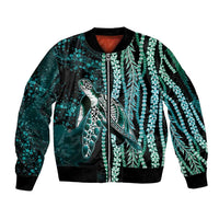 Hawaiian Honu Personalized Sleeve Zip Bomber Jacket Dark Cyan Maile Pikake Flower Lei Inspired LT9 Unisex Cyan - Polynesian Pride