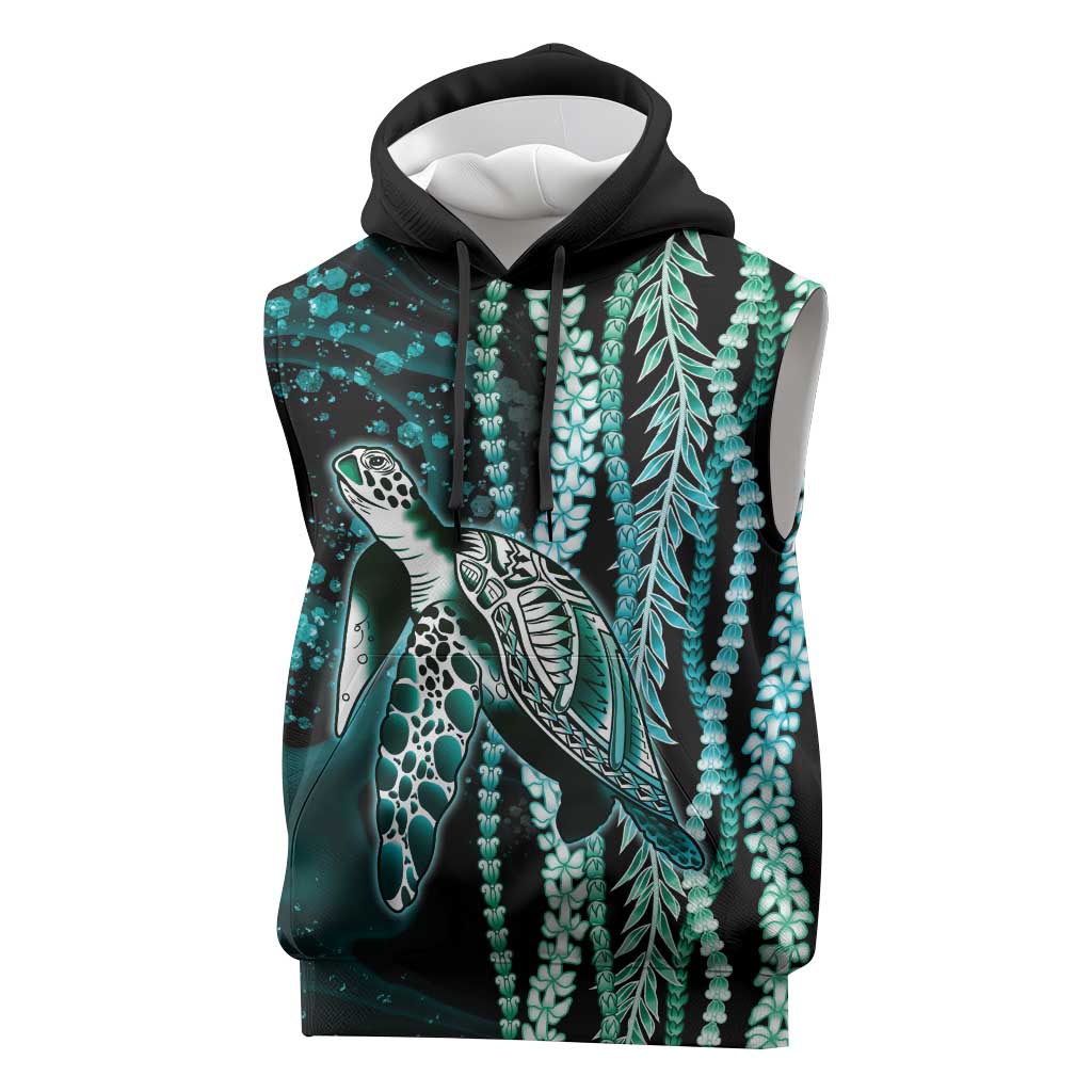 Hawaiian Honu Personalized Sleeveless Hoodie Dark Cyan Maile Pikake Flower Lei Inspired LT9 Cyan - Polynesian Pride