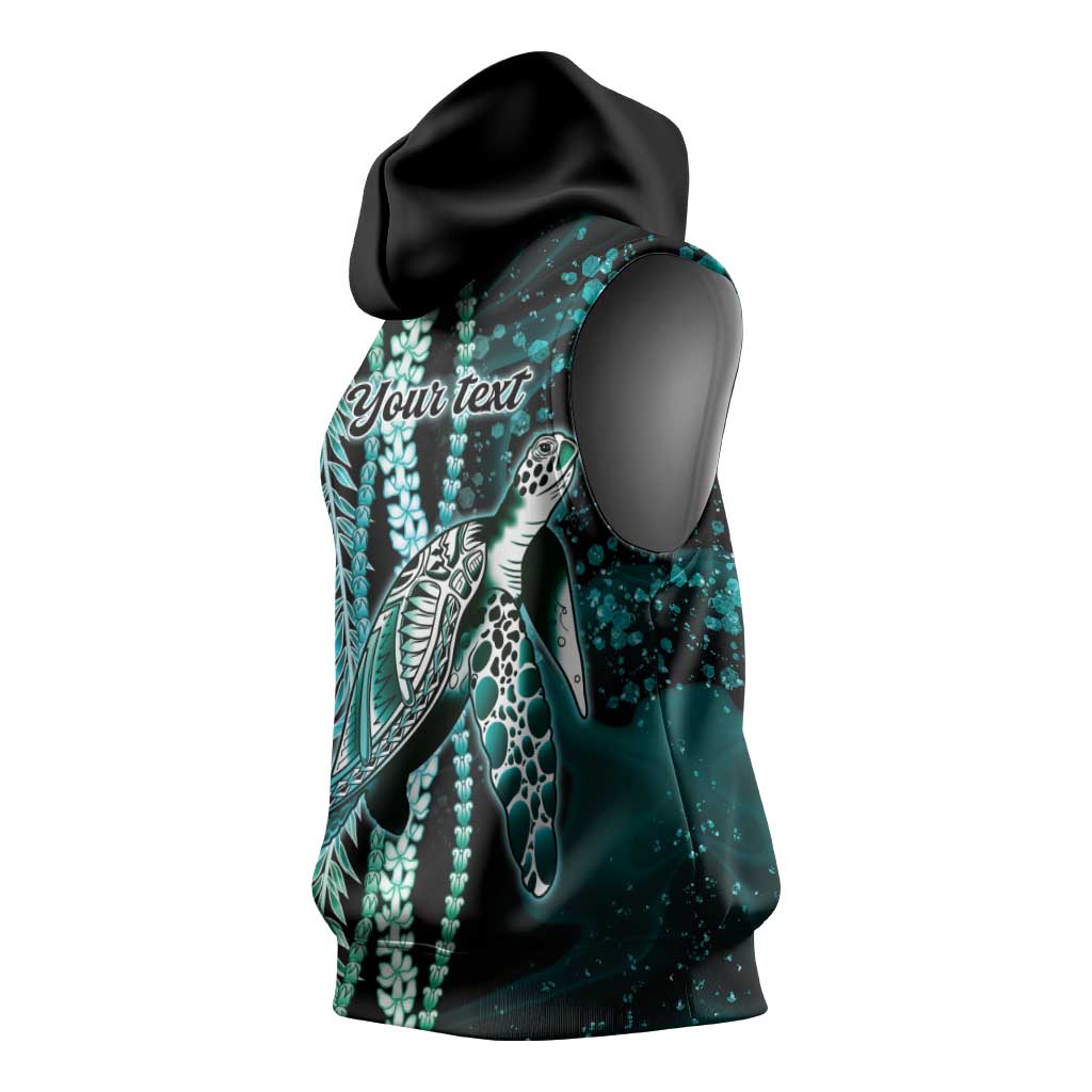 Hawaiian Honu Personalized Sleeveless Hoodie Dark Cyan Maile Pikake Flower Lei Inspired LT9 - Polynesian Pride