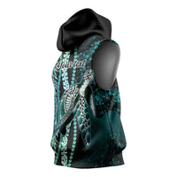 Hawaiian Honu Personalized Sleeveless Hoodie Dark Cyan Maile Pikake Flower Lei Inspired LT9 - Polynesian Pride