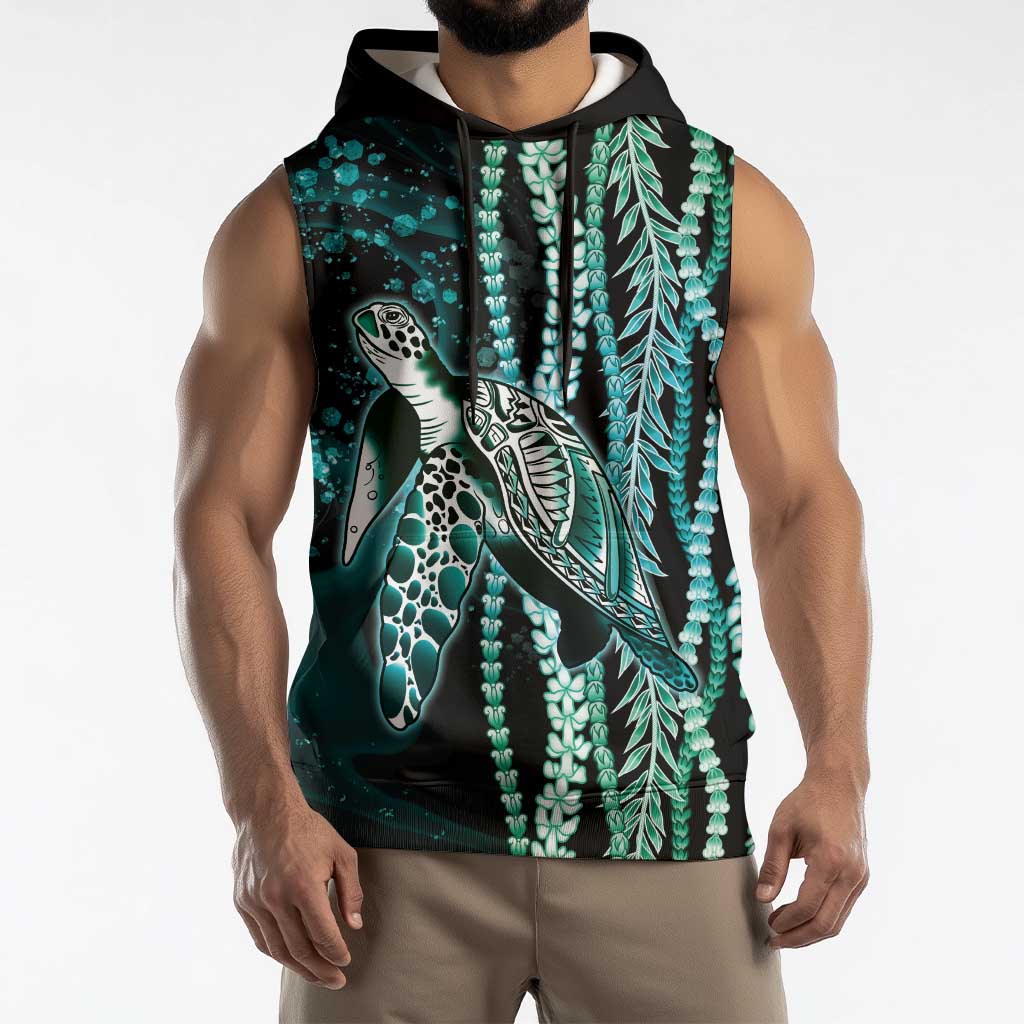 Hawaiian Honu Personalized Sleeveless Hoodie Dark Cyan Maile Pikake Flower Lei Inspired LT9 - Polynesian Pride