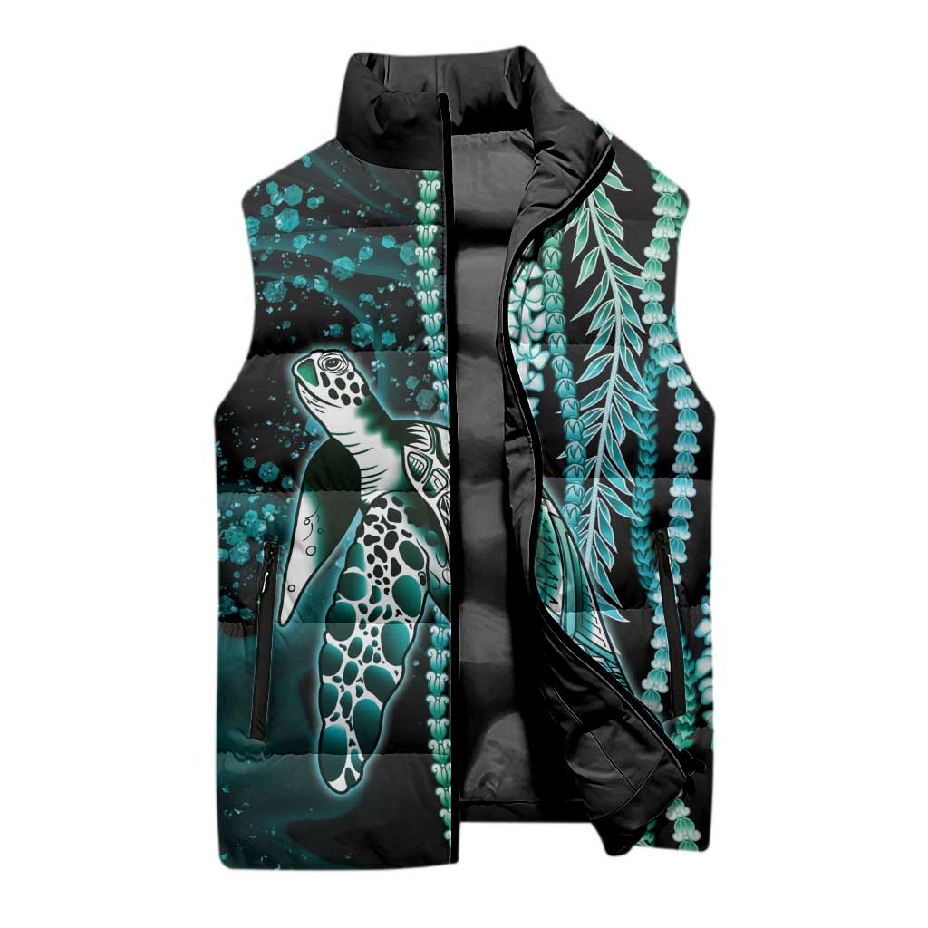 Hawaiian Honu Personalized Sleeveless Puffer Jacket Dark Cyan Maile Pikake Flower Lei Inspired LT9 - Polynesian Pride