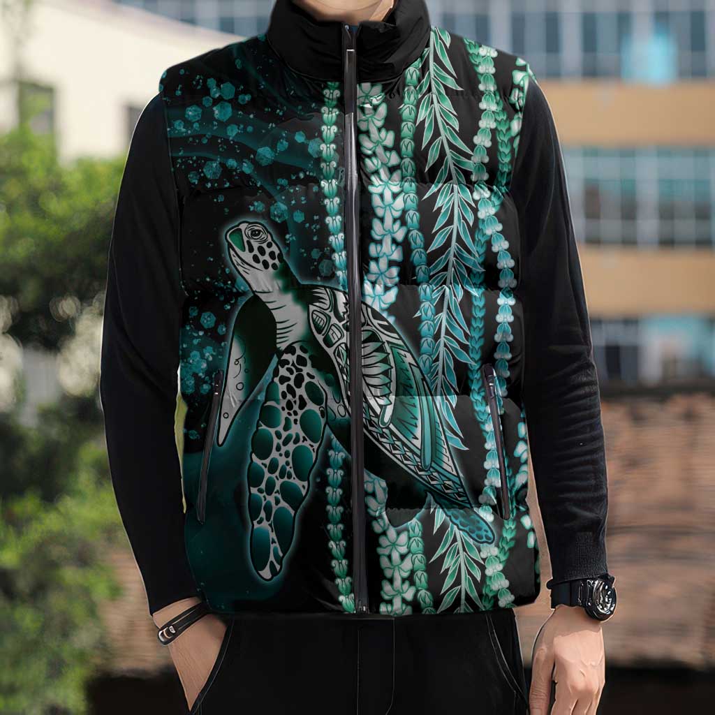 Hawaiian Honu Personalized Sleeveless Puffer Jacket Dark Cyan Maile Pikake Flower Lei Inspired LT9 - Polynesian Pride