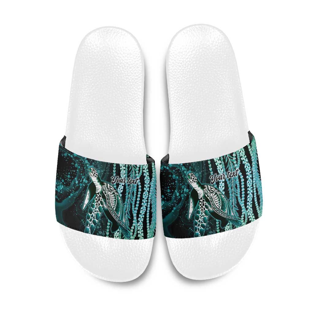 Hawaiian Honu Personalized Slide Sandals Dark Cyan Maile Pikake Flower Lei Inspired LT9 Cyan - Polynesian Pride