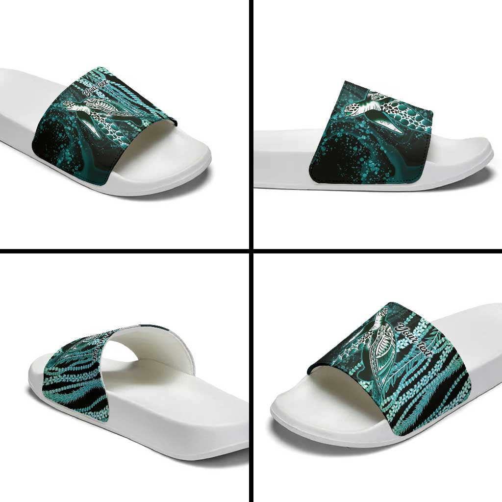 Hawaiian Honu Personalized Slide Sandals Dark Cyan Maile Pikake Flower Lei Inspired LT9 - Polynesian Pride