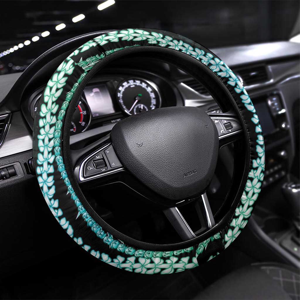 Hawaiian Honu Steering Wheel Cover Dark Cyan Maile Pikake Flower Lei Inspired LT9 Universal Fit Cyan - Polynesian Pride