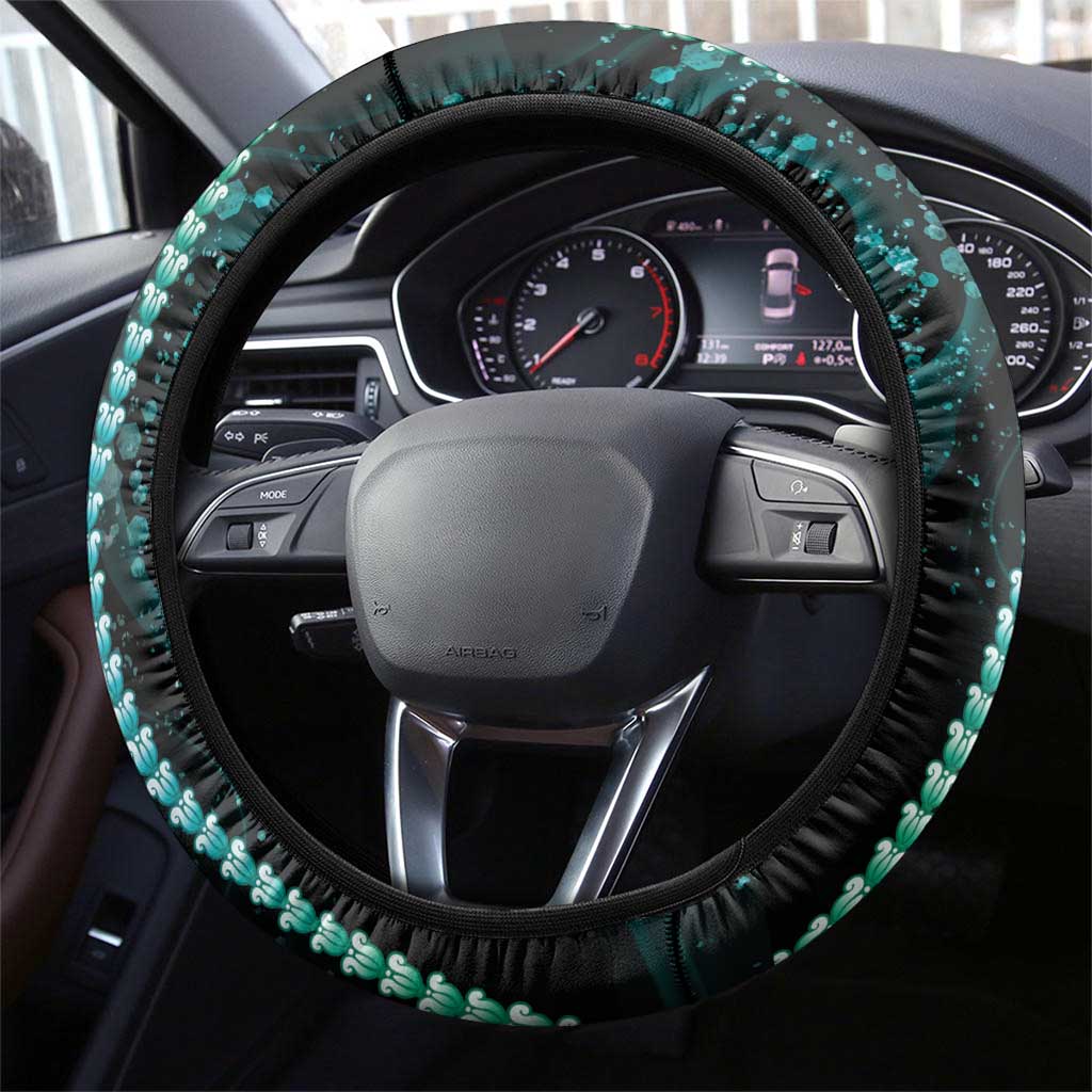 Hawaiian Honu Steering Wheel Cover Dark Cyan Maile Pikake Flower Lei Inspired LT9 - Polynesian Pride
