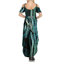 Hawaiian Honu Personalized Summer Maxi Dress Dark Cyan Maile Pikake Flower Lei Inspired LT9 - Polynesian Pride