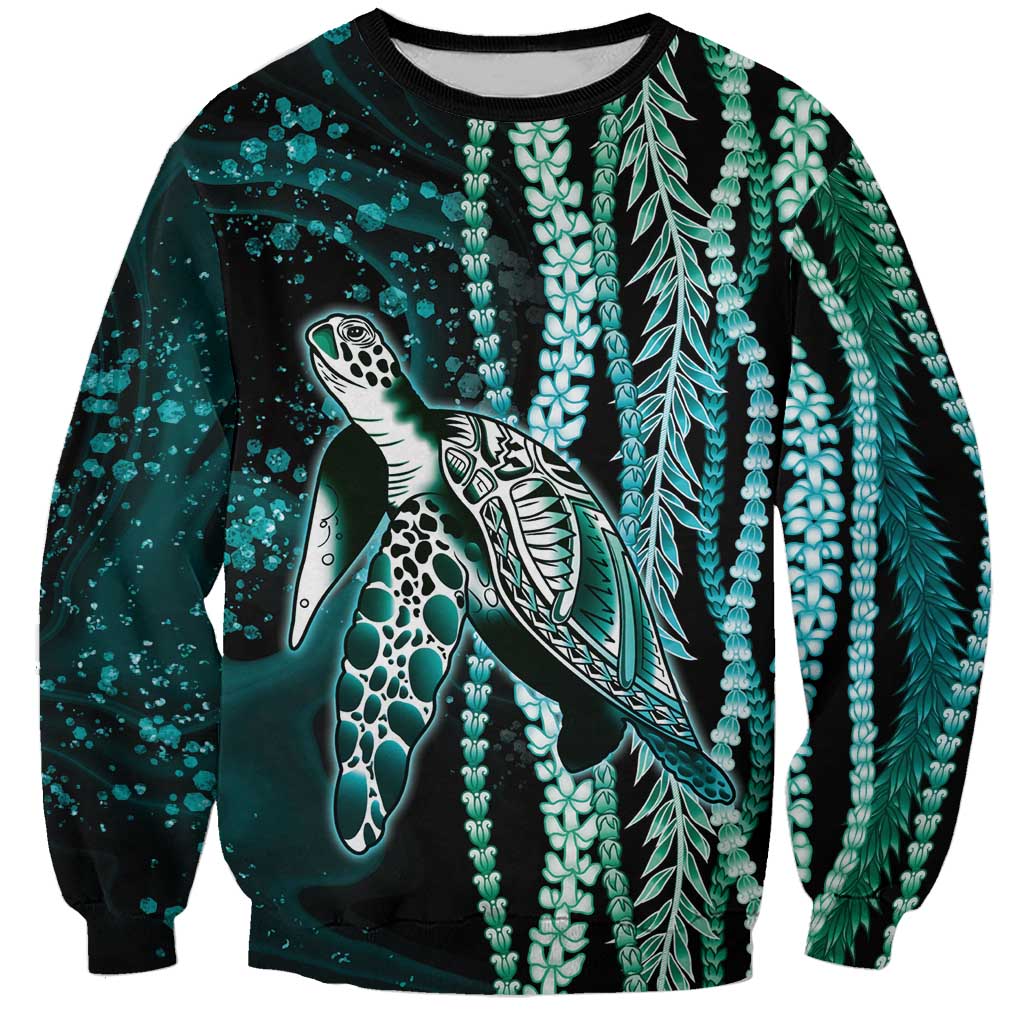Hawaiian Honu Personalized Sweatshirt Dark Cyan Maile Pikake Flower Lei Inspired LT9 Unisex Cyan - Polynesian Pride