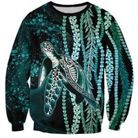 Hawaiian Honu Personalized Sweatshirt Dark Cyan Maile Pikake Flower Lei Inspired LT9 Unisex Cyan - Polynesian Pride