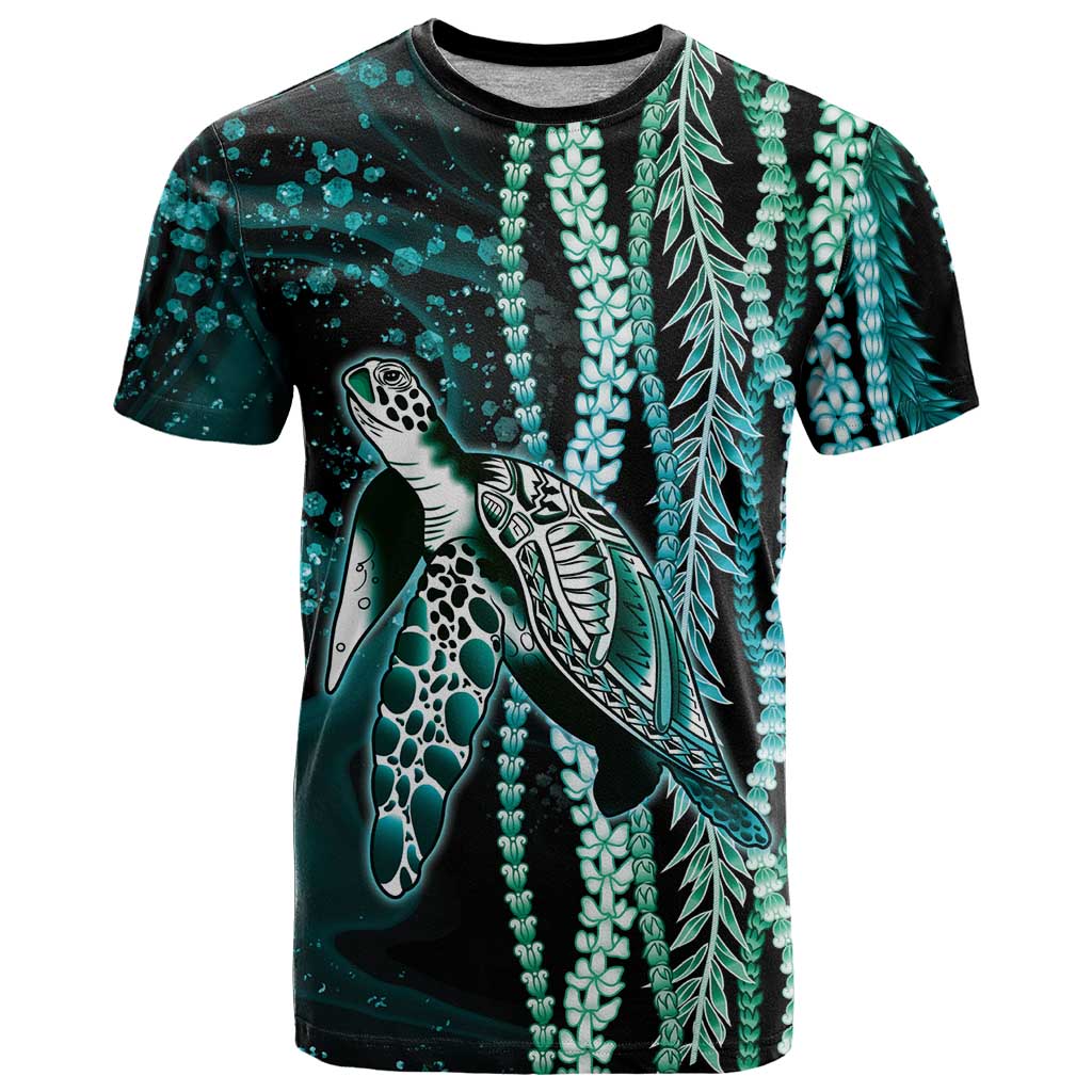 Hawaiian Honu Personalized T Shirt Dark Cyan Maile Pikake Flower Lei Inspired