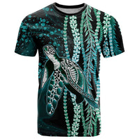 Hawaiian Honu Personalized T Shirt Dark Cyan Maile Pikake Flower Lei Inspired
