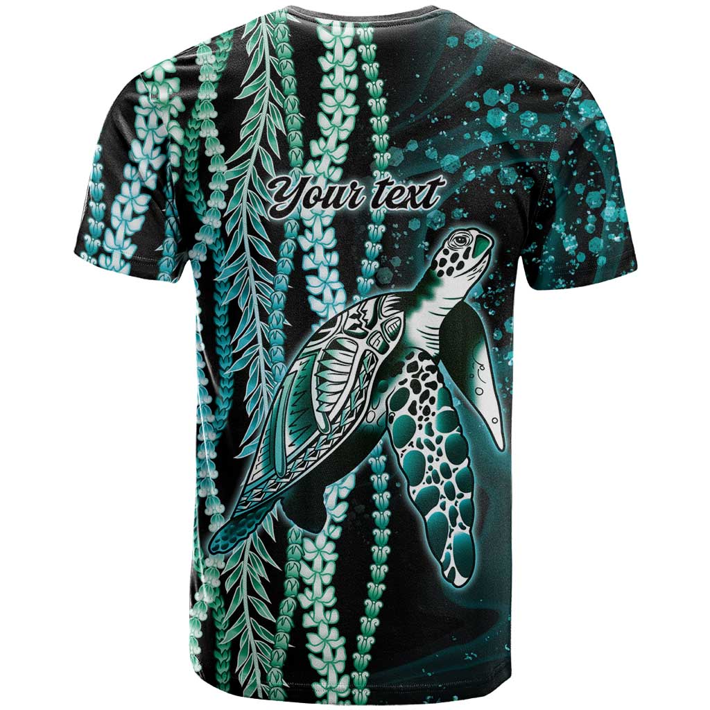 Hawaiian Honu Personalized T Shirt Dark Cyan Maile Pikake Flower Lei Inspired