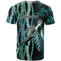 Hawaiian Honu Personalized T Shirt Dark Cyan Maile Pikake Flower Lei Inspired